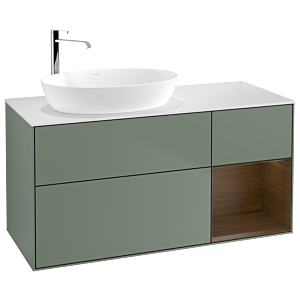 Villeroy und Boch Finion Waschtischunterschrank G931GNGM 120cm, Abdeckplatte white matt, Emotion, Regale Walnut Veneer, Olive Matt Lacquer