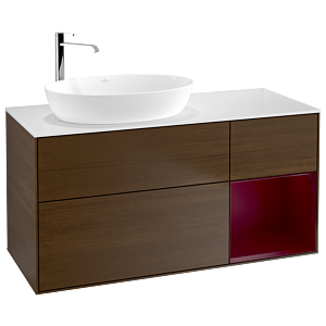 Villeroy und Boch Finion Waschtischunterschrank G931HBGN 120cm, Abdeckplatte white matt, Emotion, Regale Peony matt lacquer, Walnut veneer