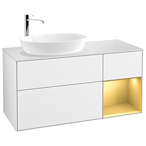 Villeroy et Boch Finion Villeroy et Boch G931HFGF 120cm, plaque de recouvrement blanc mat, Emotion, étagères laqué or mat, laqué blanc brillant