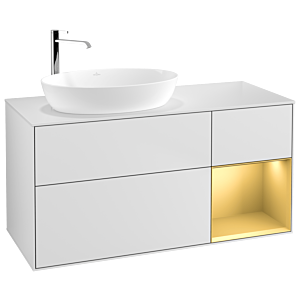 Villeroy und Boch Finion Waschtischunterschrank G931HFMT 120cm, Abdeckplatte white matt, Emotion, Regale Gold matt lacquer, White matt lacquer