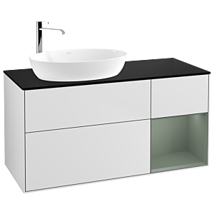 Villeroy und Boch Finion Waschtischunterschrank G932GMMT 120cm, Abdeckplatte black matt, Emotion, Regale Olive matt lacquer, White matt lacquer