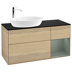 Villeroy und Boch Finion Waschtischunterschrank G932GMPC 120cm, Abdeckplatte black matt, Emotion, Regale Olive matt lacquer, Oak Veneer