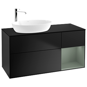 Villeroy und Boch Finion Waschtischunterschrank G932GMPD 120cm, Abdeckplatte black matt, Emotion, Regale Olive matt lacquer, Black matt lacquer