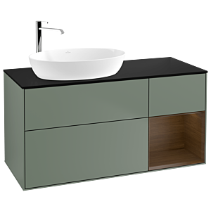 Villeroy und Boch Finion Waschtischunterschrank G932GNGM 120cm, Abdeckplatte black matt, Emotion, Regale Walnut Veneer, Olive Matt Lacquer
