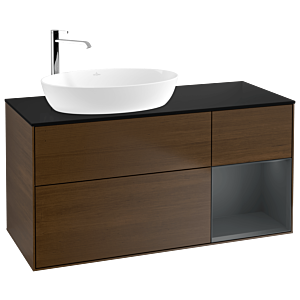 Villeroy und Boch Finion Waschtischunterschrank G932HGGN 120cm, Abdeckplatte black matt, Emotion, Regale Midnight matt lacquer, Walnut veneer
