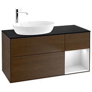 Villeroy und Boch Finion Waschtischunterschrank G932MTGN 120cm, Abdeckplatte black matt, Emotion, Regale White matt lacquer, Walnut veneer
