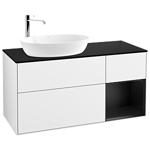 Villeroy et Boch Finion Villeroy et Boch G932PDGF 120cm, plaque de recouvrement noire mate, Emotion, étagères en laque noire mate, laque blanche brillante