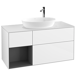 Villeroy et Boch Finion Villeroy et Boch G941GKGF 120cm, plaque de recouvrement blanc mat, Emotion, étagères laqué anthracite mat, laqué blanc brillant