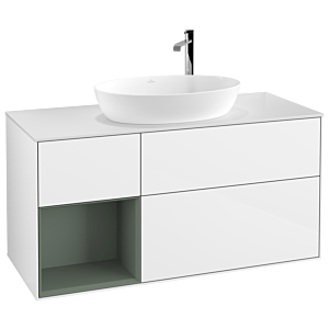 Villeroy et Boch Finion Villeroy et Boch G941GMGF 120cm, plaque de recouvrement blanc mat, Emotion, étagères laqué olive mat, laqué blanc brillant