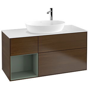 Villeroy und Boch Finion Waschtischunterschrank G941GMGN 120cm, Abdeckplatte white matt, Emotion, Regale Olive matt lacquer, Walnut veneer