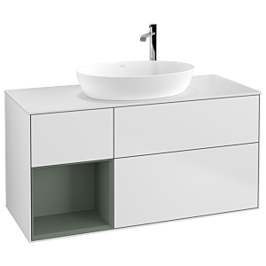 Villeroy et Boch Finion Villeroy et Boch G941GMMT 120cm, plaque de recouvrement blanc mat, Emotion, étagères laqué mat olive, laqué mat blanc