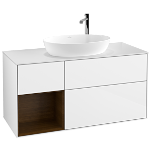 Villeroy und Boch Finion Waschtischunterschrank G941GNGF 120cm, Abdeckplatte white matt, Emotion, Regale Walnut Veneer, Glossy white lacquer