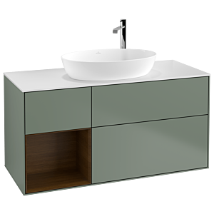 Villeroy und Boch Finion Waschtischunterschrank G941GNGM 120cm, Abdeckplatte white matt, Emotion, Regale Walnut Veneer, Olive Matt Lacquer