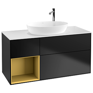 Villeroy et Boch Finion Villeroy et Boch G941HFPD 120cm, plaque de recouvrement blanc mat, Emotion, étagères laqué or mat, laqué noir mat