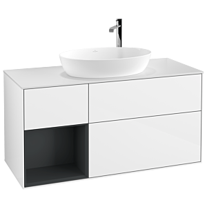 Villeroy et Boch Finion Villeroy et Boch G941HGGF 120cm, plaque de recouvrement blanc mat, Emotion, étagères laqué mat minuit, laqué blanc brillant