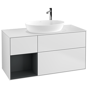 Villeroy et Boch Finion Villeroy et Boch G941HGMT 120cm, plaque de recouvrement blanc mat, Emotion, étagères laqué mat Midnight, laqué blanc mat