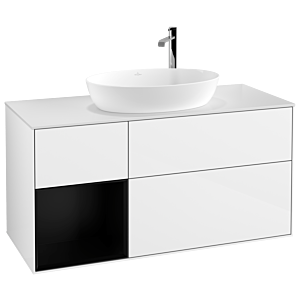 Villeroy et Boch Finion Villeroy et Boch G941PDGF 120cm, plaque de recouvrement blanc mat, Emotion, étagères laqué noir mat, laqué blanc brillant