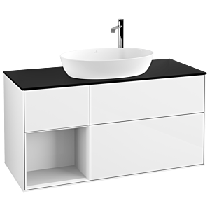 Villeroy und Boch Finion Waschtischunterschrank G942GFGF 120cm, Abdeckplatte black matt, Emotion, Regale Glossy white lacquer, Glossy white lacquer