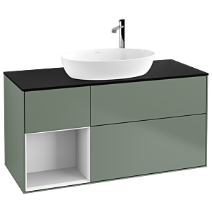 Villeroy und Boch Finion Waschtischunterschrank G942GFGM 120cm, Abdeckplatte black matt, Emotion, Regale Glossy white lacquer, Olive Matt Lacquer