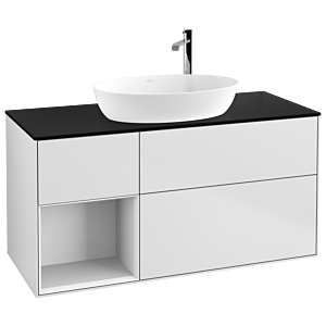 Villeroy und Boch Finion Waschtischunterschrank G942GFMT 120cm, Abdeckplatte black matt, Emotion, Regale Glossy white lacquer, White matt lacquer
