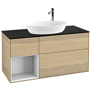 Villeroy und Boch Finion Waschtischunterschrank G942GFPC 120cm, Abdeckplatte black matt, Emotion, Regale Glossy white lacquer, Oak Veneer