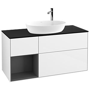Villeroy und Boch Finion Waschtischunterschrank G942GKGF 120cm, Abdeckplatte black matt, Emotion, Regale Anthracite matt lacquer, Glossy white lacquer