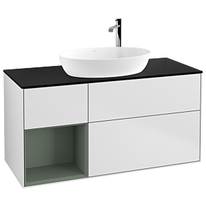 Villeroy und Boch Finion Waschtischunterschrank G942GMMT 120cm, Abdeckplatte black matt, Emotion, Regale Olive matt lacquer, White matt lacquer