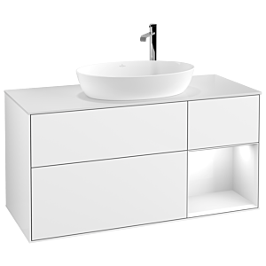 Villeroy und Boch Finion Waschtischunterschrank G951GFGF 120cm, Abdeckplatte white matt, Emotion, Regale Glossy white lacquer, Glossy white lacquer