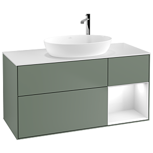 Villeroy und Boch Finion Waschtischunterschrank G951GFGM 120cm, Abdeckplatte white matt, Emotion, Regale Glossy white lacquer, Olive Matt Lacquer