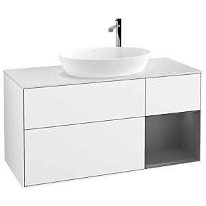 Villeroy und Boch Finion Waschtischunterschrank G951GKGF 120cm, Abdeckplatte white matt, Emotion, Regale Anthracite matt lacquer, Glossy white lacquer