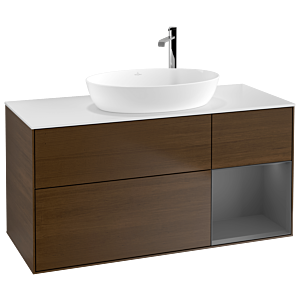 Villeroy et Boch Finion Villeroy et Boch G951GKGN 120cm, plateau blanc mat, Emotion, étagères laqué mat anthracite, placage noyer