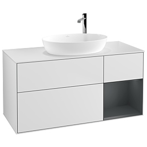 Villeroy et Boch Finion Villeroy et Boch G951HGMT 120cm, plateau blanc mat, Emotion, étagères laqué mat Midnight, laqué blanc mat