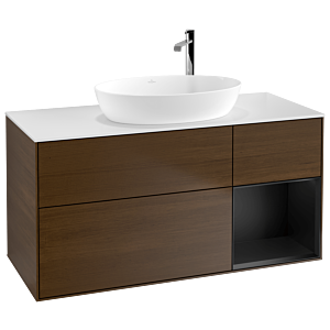 Villeroy und Boch Finion Waschtischunterschrank G951PDGN 120cm, Abdeckplatte white matt, Emotion, Regale Black matt lacquer, Walnut veneer