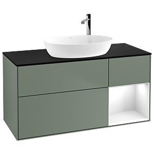 Villeroy und Boch Finion Waschtischunterschrank G952GFGM 120cm, Abdeckplatte black matt, Emotion, Regale Glossy white lacquer, Olive Matt Lacquer