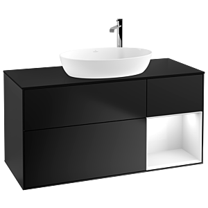 Villeroy et Boch Finion Villeroy et Boch G952GFPD 120cm, plaque de recouvrement noire mate, Emotion, étagères en laque blanche brillante, laque noire mate