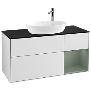 Villeroy und Boch Finion Waschtischunterschrank G952GMMT 120cm, Abdeckplatte black matt, Emotion, Regale Olive matt lacquer, White matt lacquer