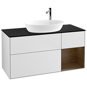 Villeroy und Boch Finion Waschtischunterschrank G952GNMT 120cm, Abdeckplatte black matt, Emotion, Regale Walnut Veneer, White matt lacquer