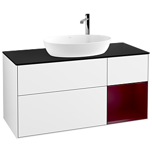 Villeroy et Boch Finion Villeroy et Boch G952HBGF 120cm, plaque de recouvrement noir mat, Emotion, étagères Peony laqué mat, laqué blanc brillant