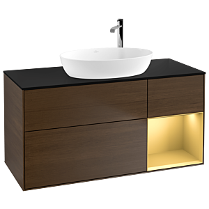 Villeroy und Boch Finion Waschtischunterschrank G952HFGN 120cm, Abdeckplatte black matt, Emotion, Regale Gold matt lacquer, Walnut veneer