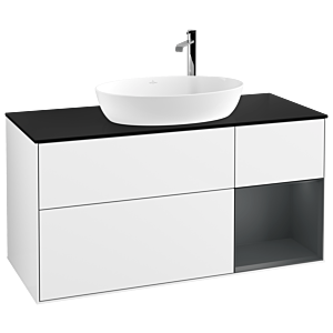Villeroy und Boch Finion Waschtischunterschrank G952HGGF 120cm, Abdeckplatte black matt, Emotion, Regale Midnight matt lacquer, Glossy white lacquer