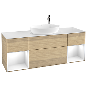 Villeroy und Boch Finion Waschtischunterschrank G981GFPC 160cm, Abdeckplatte white matt, Emotion, Regale Glossy white lacquer, Oak Veneer