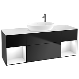Villeroy und Boch Finion Waschtischunterschrank G981GFPD 160cm, Abdeckplatte white matt, Emotion, Regale Glossy white lacquer, Black matt lacquer