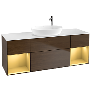 Villeroy und Boch Finion Waschtischunterschrank G981HFGN 160cm, Abdeckplatte white matt, Emotion, Regale Gold matt lacquer, Walnut veneer