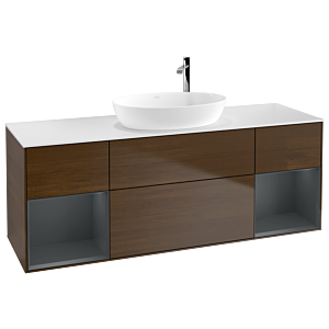 Villeroy und Boch Finion Waschtischunterschrank G981HGGN 160cm, Abdeckplatte white matt, Emotion, Regale Midnight matt lacquer, Walnut veneer