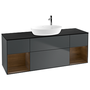 Villeroy und Boch Finion Waschtischunterschrank G982GNHG 160cm, Abdeckplatte black matt, Emotion, Regale Walnut Veneer, Midnight Blue Matt Lacquer