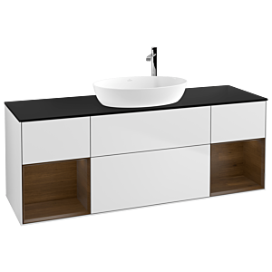 Villeroy und Boch Finion Waschtischunterschrank G982GNMT 160cm, Abdeckplatte black matt, Emotion, Regale Walnut Veneer, White matt lacquer