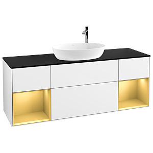 Villeroy und Boch Finion Waschtischunterschrank G982HFGF 160cm, Abdeckplatte black matt, Emotion, Regale Gold matt lacquer, Glossy white lacquer