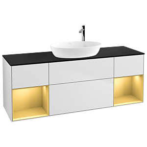 Villeroy et Boch Finion Villeroy et Boch G982HFMT 160cm, plaque de finition noir mat, Emotion, étagères laqué or mat, laqué blanc mat