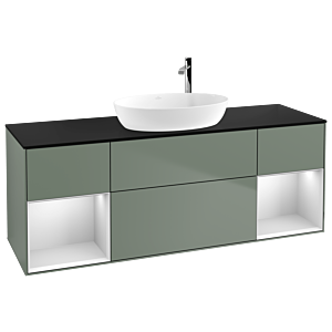 Villeroy und Boch Finion Waschtischunterschrank G982MTGM 160cm, Abdeckplatte black matt, Emotion, Regale White matt lacquer, Olive Matt Lacquer