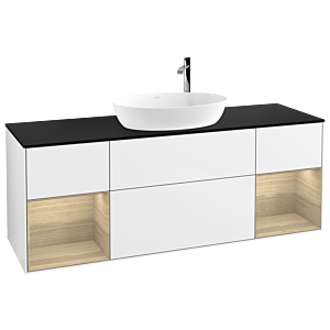 Villeroy et Boch Finion G982PCGF 160cm, plaque de recouvrement noire mate, Emotion, étagères Oak Veneer , laqué blanc brillant